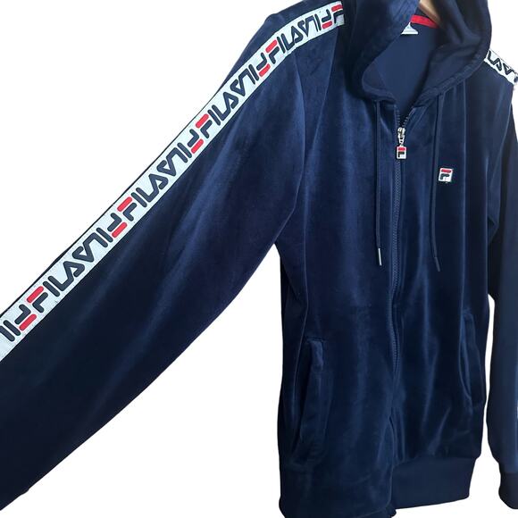 UNISEX Retro FILA Velour Track Men SZ S TOP CONDITION Hooded Navy Maureen Jacket - Picture 13 of 16